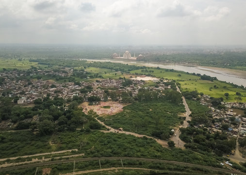 Aerial view of Moti Mahal with many trees and the Yamuna river, Uttar Pradesh, India