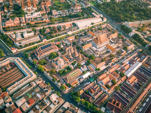 Aerial view of Reclining Buddha in sunny day, Phra Nakhon, Bangkok, Thailand