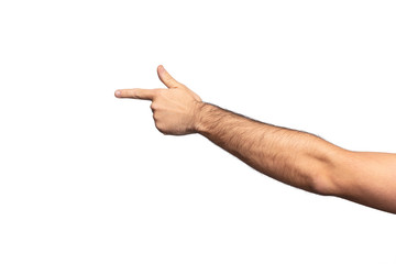 Hairy man hand showing somewhere with a forefinger isolated on white background. gesturing gun male fist