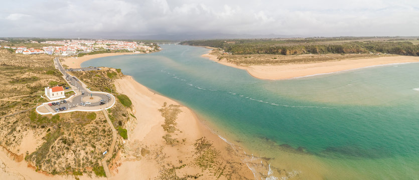 Panoramic aerial view of Praia De Vila Nova Milfontes beach, Portugal