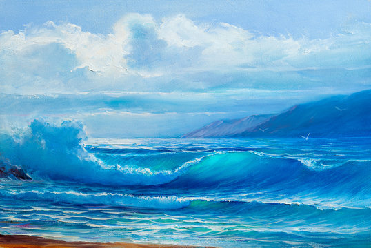 Oil painting of the sea on canvas. Sea wave.