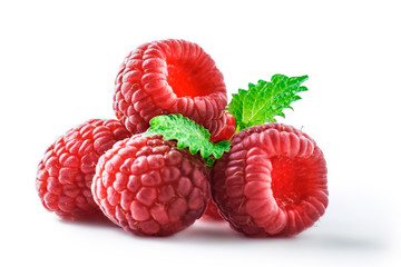 Raspberry isolation. Raspberries on white background and green leaf.