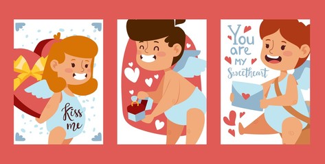 Cupid babies banners, vector illustration. Valentine day greeting card template, cute little angels, symbols of love. Romantic postcards with adorable cupids, cartoon characters and place for text