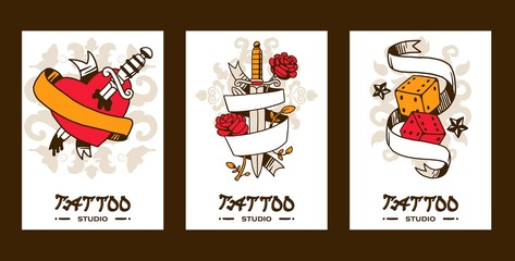 Tattoo studio banners, vector illustration. Graphic art elements and classic symbols of love and luck. Tattoo salon catalog cover template, creative artwork emblem, set of stickers. Heart, sword, dice
