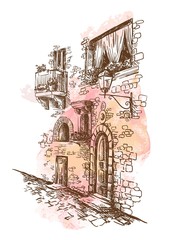 pencil drawing of an old street in Italy