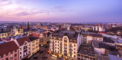 Winter sunset over a European city