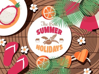 Summer holidays typographic poster, vector illustration. Travel agency booklet, brochure cover template. Summertime sale, promotion campaign flyer template. Summer offer emblem, vacation trip label