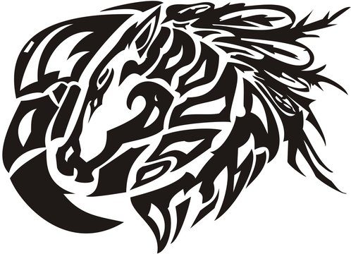  Tribal unusual horse and eagle symbol. The horse 's head and eagle 's head are formed into a single sign. Black on white