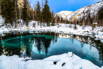 Turquoise thermal lake in Ulagan district near the village of Aktash, Altai Republic, Russia