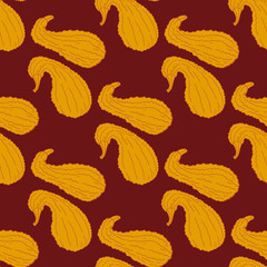 Seamless pattern with hand drawn crookneck squashes. Endless texture with vegetables on dark red background for your design