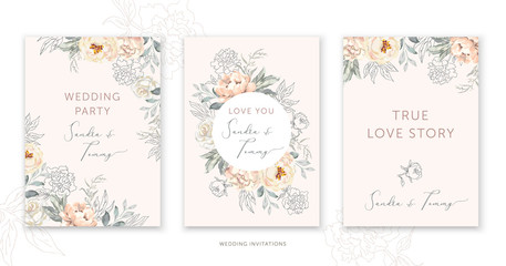 Wedding cards design. Blush peony, rose flowers, outline leaves bouquets, frames. Vector illustration. Romantic floral arrangements. Invitation template background