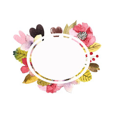 Hand draw template with hearts, flowers, leaves. Postcard for Valentine's day with watercolor hand drawn.