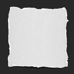 Torn, ripped piece of white grainy paper with soft shadow is on black background for text. Vector illustration