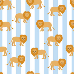 Vector seamless pattern of cute lions on a blue striped background.
