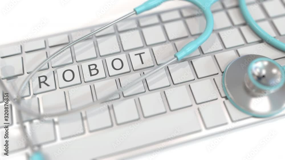 Poster stethoscope on keyboard with robot text. modern medicine related conceptual 3d animation