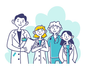 Hospital doctor staff. Team of physicians in white coats and scrubs with stethoscopes flat vector illustration. Medicine, occupation, clinic concept for banner, website design or landing web page