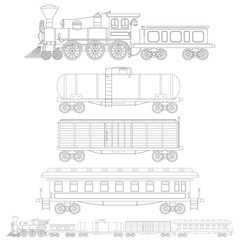 Set of outline vintage train in retro style. Сistern car, container and passenger waggons. Coloring page