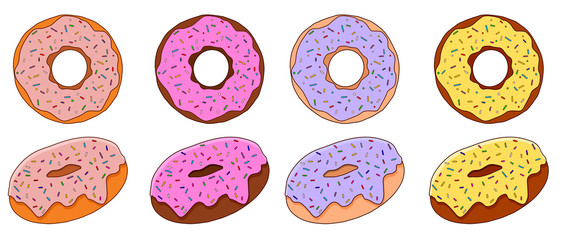 Colorful donut set with sweet icing in cartoon style. Isolated vector illustration on white background.