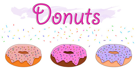 Colorful donut set with sweet icing. Isolated vector illustration on white background.
