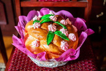 Traditional wedding Ukrainian bread Korovai with flowers