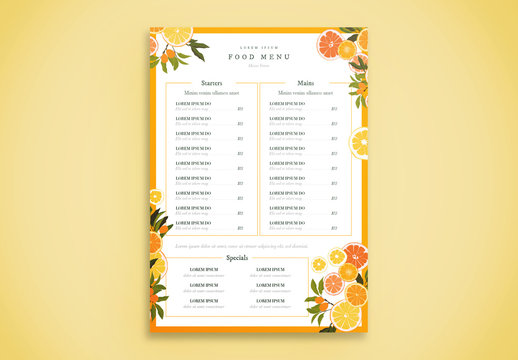 Menu Layout with Citrus Fruit Illustration Elements