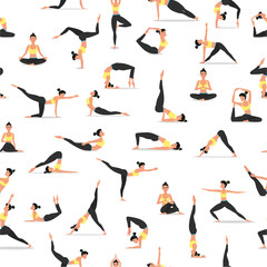 Yoga asanas set seamless pattern