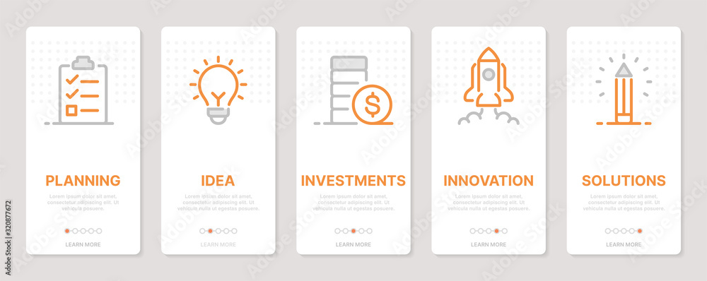 Poster startup related vertical cards. mobile app onboarding screens templates for a website. icons with ed