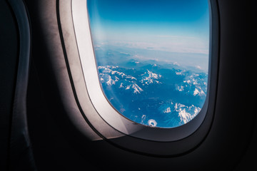 view from the window of the porthole on the mountains of Austria and Switzerland