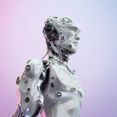 Futuristic handsome man with headphones in profile. 3d rendering of stylish robot listening to music