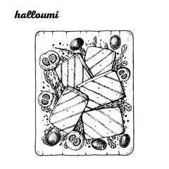 Halloumi hand drawn illustration. Greek cuisine. Linear graphic. Food sketch.