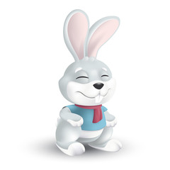 Cute Easter bunny in red scarf and blue shirt with big eyes and ears isolated on white background. Vector illustration of squinting and smiling grey rabbit in 3d style funny cartoon mascot character