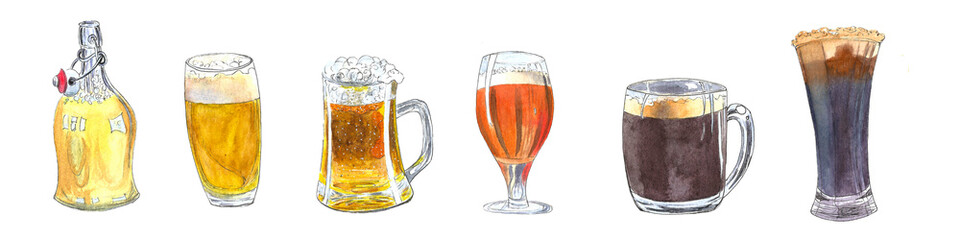 Watercolor hand drawn illustration. Set of beer glass, mug, bottle on white background.  Suit for Oktoberfest poster, menu, invitation to party, brewery or bar pub label.
