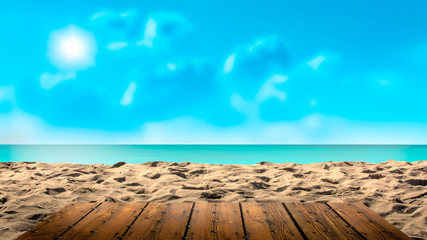 top of wooden table with blurred sea and sand background - Empty ready for your prodyct display montage. concept of beach in summer