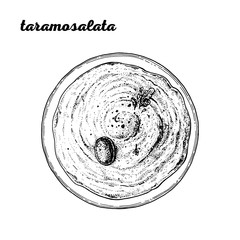 Taramosalata hand drawn illustration. Greek cuisine. Linear graphic. Food sketch.