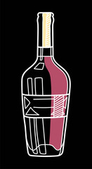 Hand drawn alcohol bollte. Vector sketch of a bottle colored with white outline on black background.