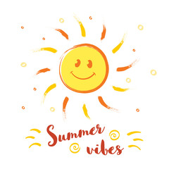 Cheerful smiling Sun with with Summer Vibes lettering