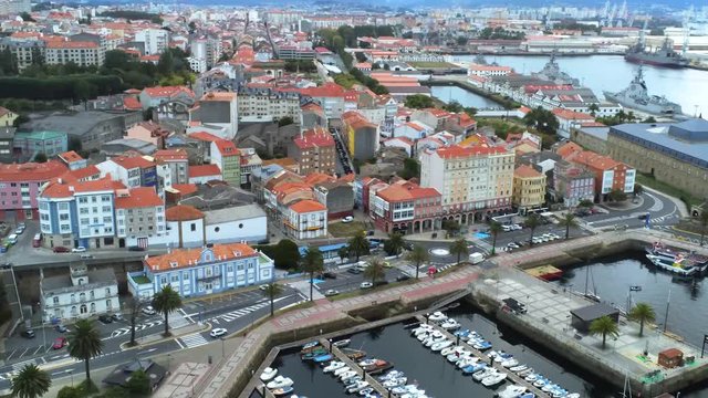 Aerial view of the marina of Ferrol. Galicia,Spain on a cloudy day, static, pan left