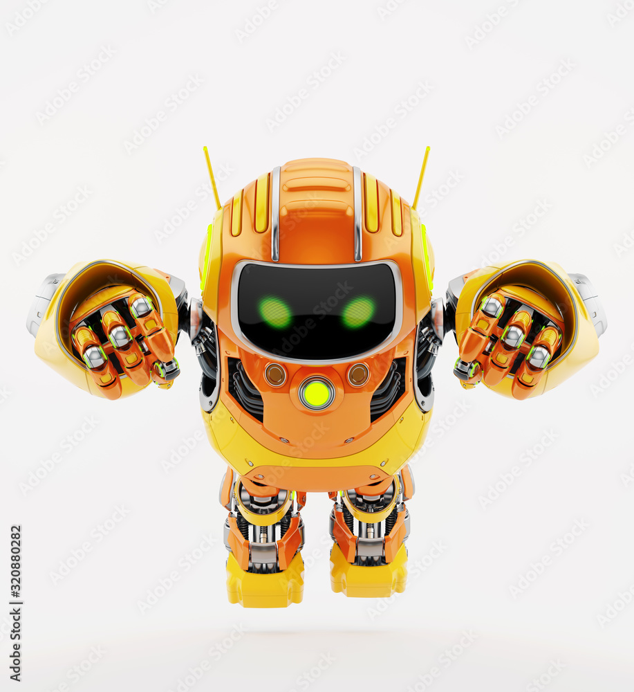 Poster flying smart robotic controlled bot, 3d rendering in hero action fly pose