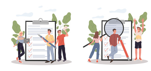 Marketing group analyzing clients feedback. Survey form, magnifying glass, team flat vector illustration. Customer satisfaction, analysis, poll concept for banner, website design or landing web page