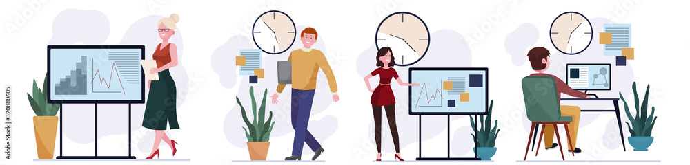 Poster time management set. managers presenting reports, analyzing graphs near clock flat vector illustrati