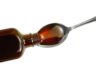 Spoonful of Cough Medicine isolated on a white background. medication or antipyretic syrup. 
