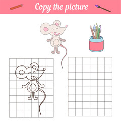Coloring book for children. Little mouse. Repeat the picture. Worksheet with a game. A simple drawing with an example of color. Paper game for preschoolers, cards for printing, lessons. Animal rat.