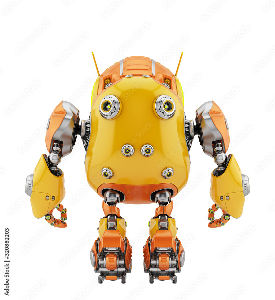 Poster smart robotic controlled bot, 3d rendering backwards