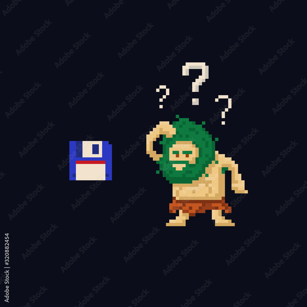 Aufkleber pixel art primitive ancient cave man confused looking at floppy diskette. vector illustration charac