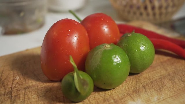 Beautiful food vegetables on the cutting board with camera's angel zoom in