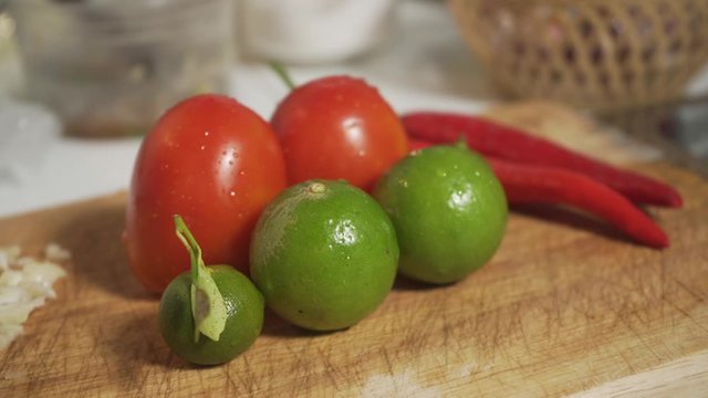 beautiful vegetables food on the cutting board with camera's angel orbit