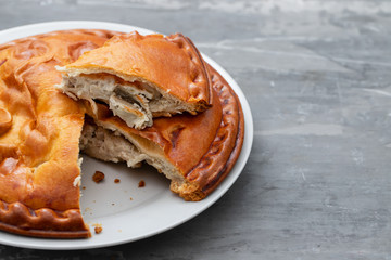 Empanada Gallega, Traditional pie stuffed with chicken typical from Galicia, Spain