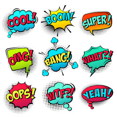 Comic colored speech bubbles with halftone shadow and text phrase. Sound expression of emotion. Hand drawn retro cartoon stickers. Pop art style. Vector illustration.