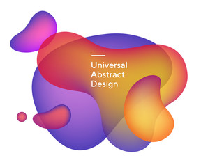 Abstract flowy transparent blobs. Universal irregular forms, liquid shapes, curvy lines. Overlapping purple and orange colors with white text. Template for logo, flyer or slide. Vector illustration.