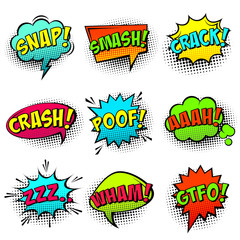 Comic colored speech bubbles with halftone shadow and text phrase. Sound expression of emotion. Hand drawn retro cartoon stickers. Pop art style. Vector illustration.